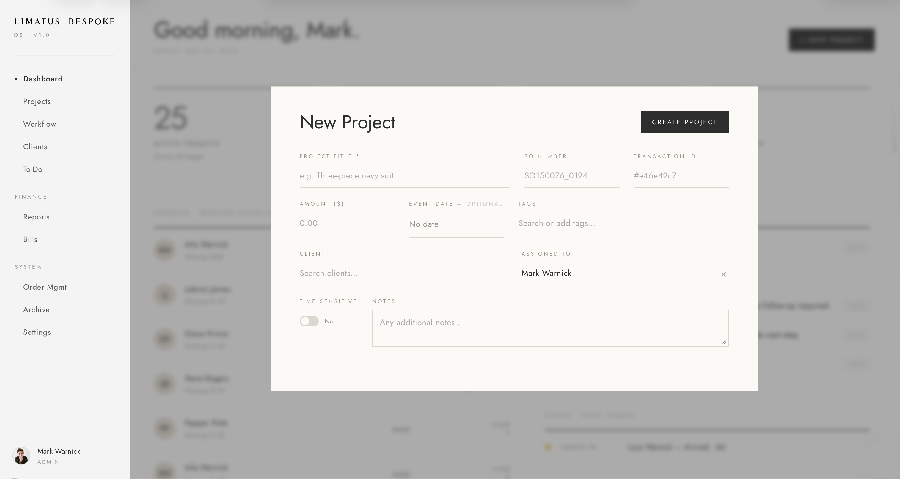 Limatus Bespoke OS — New Project modal